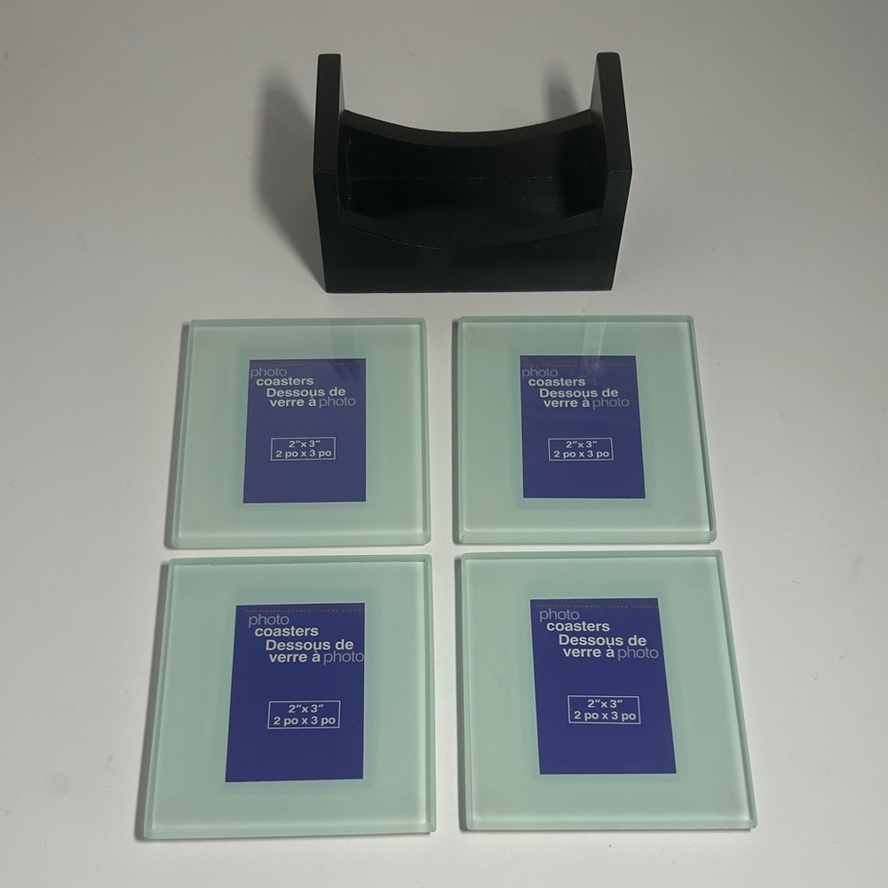 Set of 4 Glass Photo Coasters with Holder